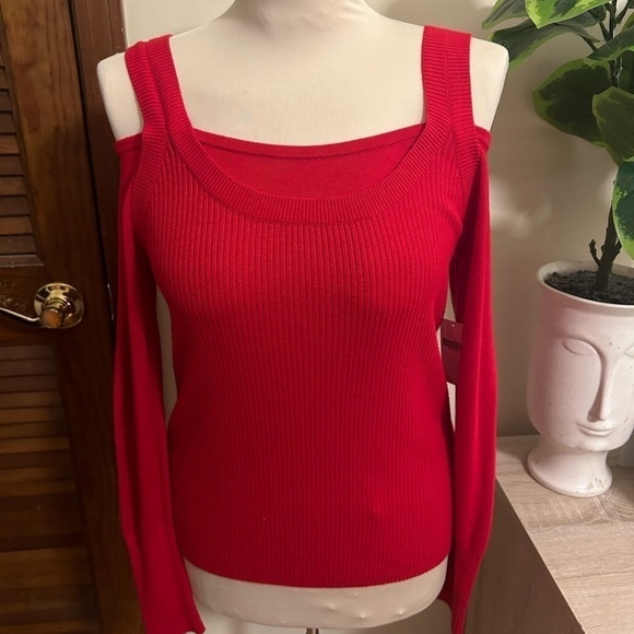 NWT Anthropologie Jamie Open Shoulder Square Long Sleeve Red Knit Top - Picture 3 of 7